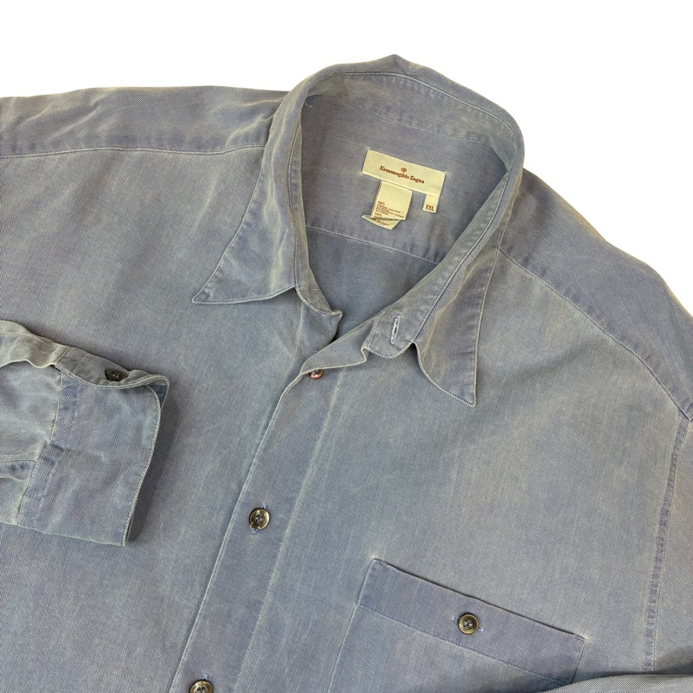 Ermenegildo Zegna Button Up Men XXL Blue Cotton Lyocell Italy Distressed Shirt